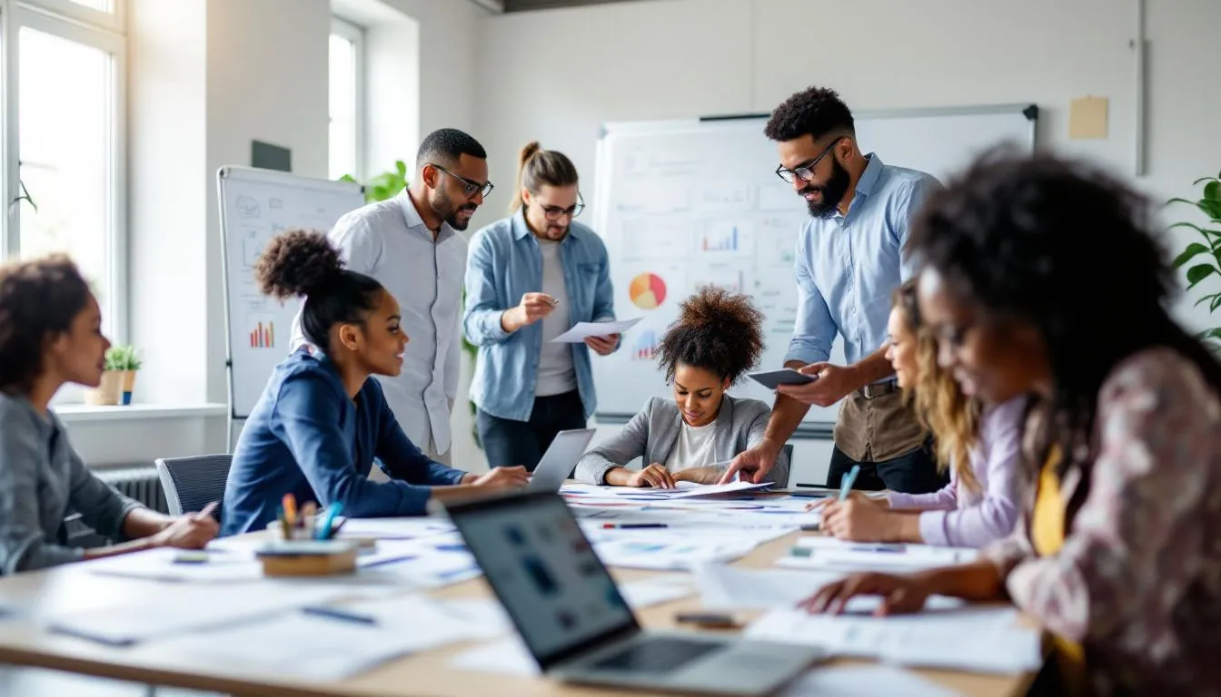 The image depicts a diverse team of individuals engaged in a collaborative planning process for validation activities, emphasizing the importance of a validation master plan and risk assessment in ensuring product quality. The scene illustrates the continuous effort of the validation team to align their strategies with regulatory requirements and quality assurance objectives.