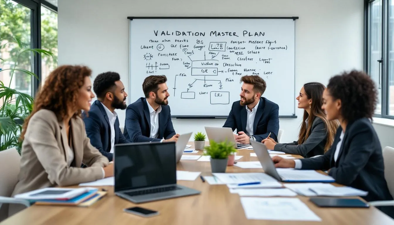 A diverse team of professionals collaborates around a table, discussing a strategy for outlining a validation master plan, which includes key elements such as risk assessment and validation activities. They are focused on ensuring compliance with regulatory requirements while enhancing the quality assurance of their manufacturing processes.