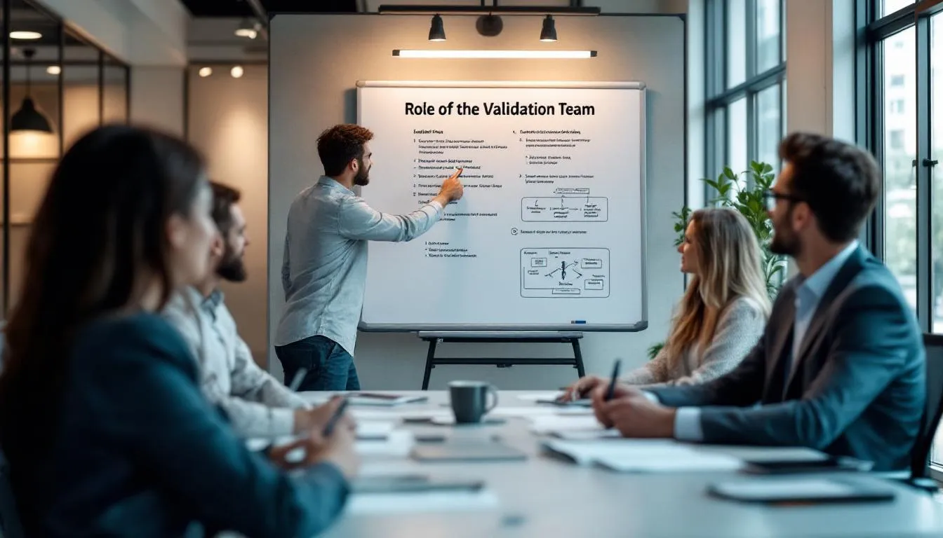 The image features a whiteboard prominently displaying the phrase "Role of the Validation Team," surrounded by various diagrams and notes related to process validation and validation strategies. In the background, a group of professionals discusses validation activities, emphasizing the importance of the validation master plan in ensuring product quality and compliance with regulatory requirements.
