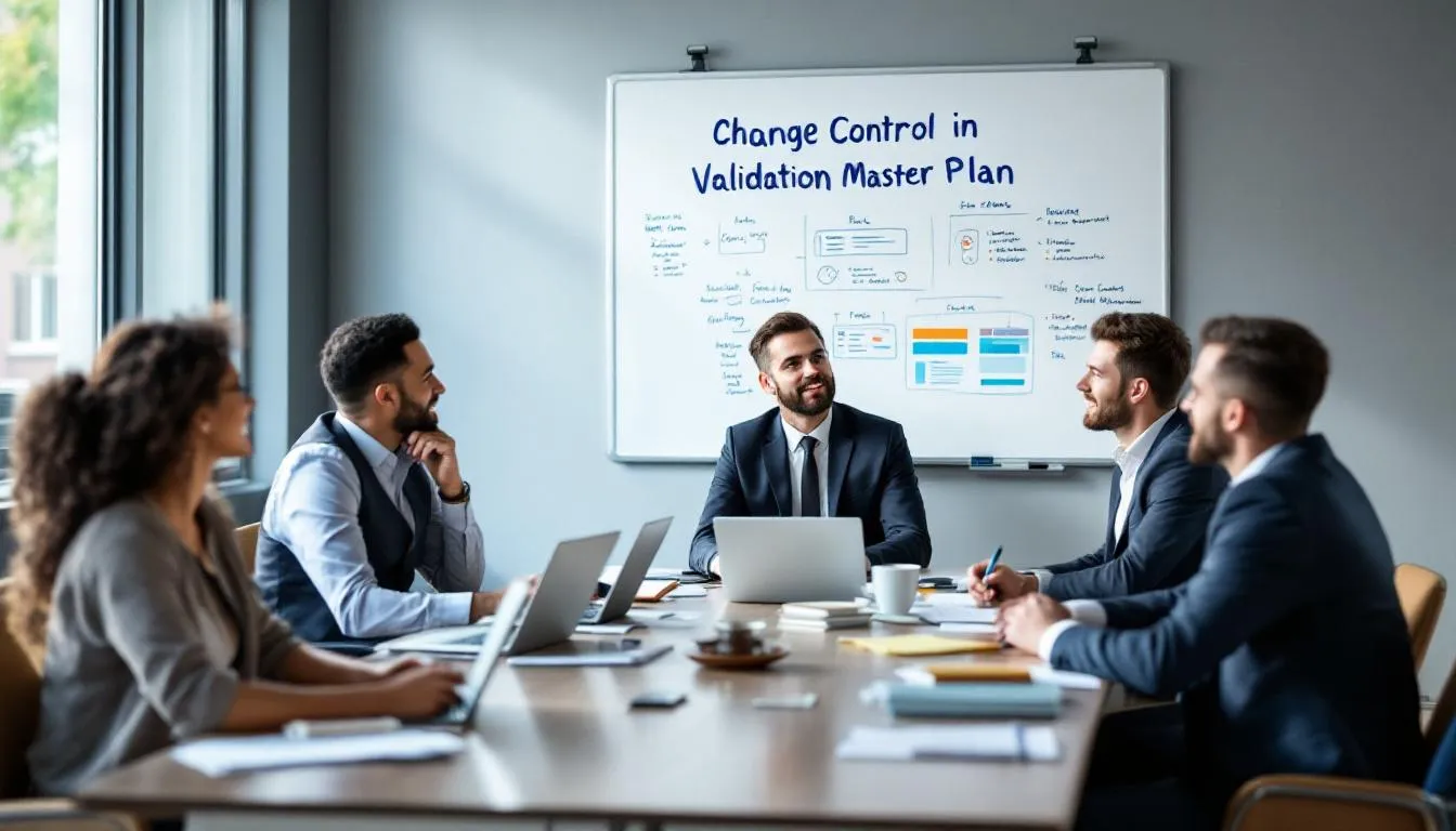 In a team meeting setting, a diverse group of professionals is gathered around a table, discussing a board in the background that highlights "Change Control in Validation Master Plan." The focus is on various aspects of the validation process, including risk assessment and validation activities, as they collaborate to ensure compliance with quality assurance standards.