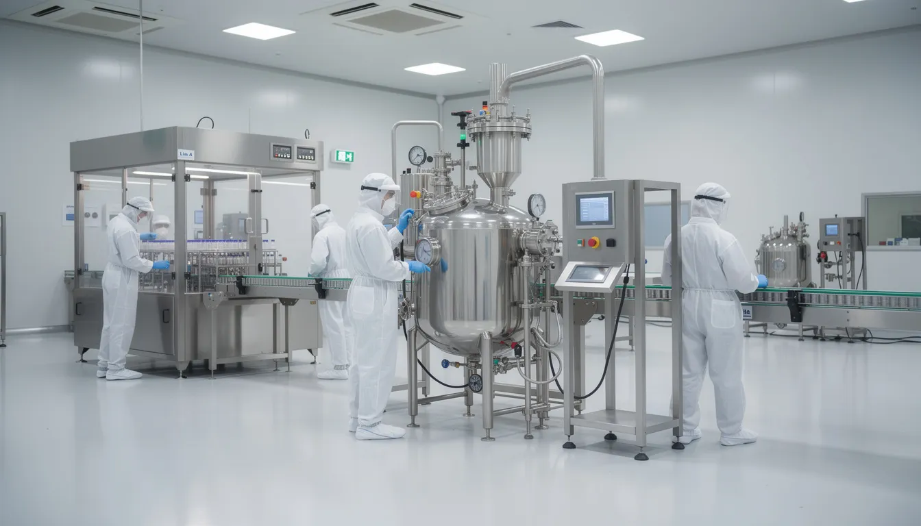 The image depicts a modern pharmaceutical manufacturing facility featuring workers in cleanrooms, engaged in tasks that ensure compliance with good manufacturing practices (GMP). This environment highlights the importance of effective training programs and ongoing training for maintaining quality assurance and regulatory compliance in the pharmaceutical industry.