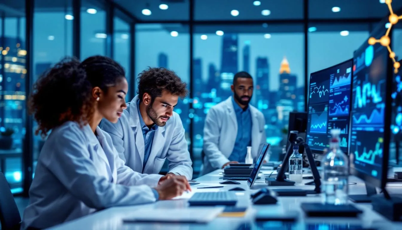 A diverse pharmaceutical research team collaborates around a modern digital workspace, with multiple screens displaying real-time drug development data, embodying agile methodologies to enhance cross-functional collaboration and drive innovation in the pharmaceutical industry. The scene emphasizes the importance of agile practices in accelerating development times and implementing customer collaboration initiatives.