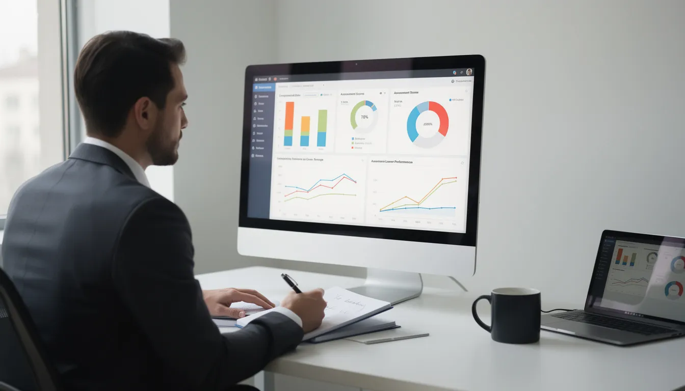 A training manager is reviewing an analytics dashboard that displays completion rates and assessment scores for various training modules. This analysis aids in assessing training effectiveness and ensuring compliance with good manufacturing practices in the pharmaceutical industry.