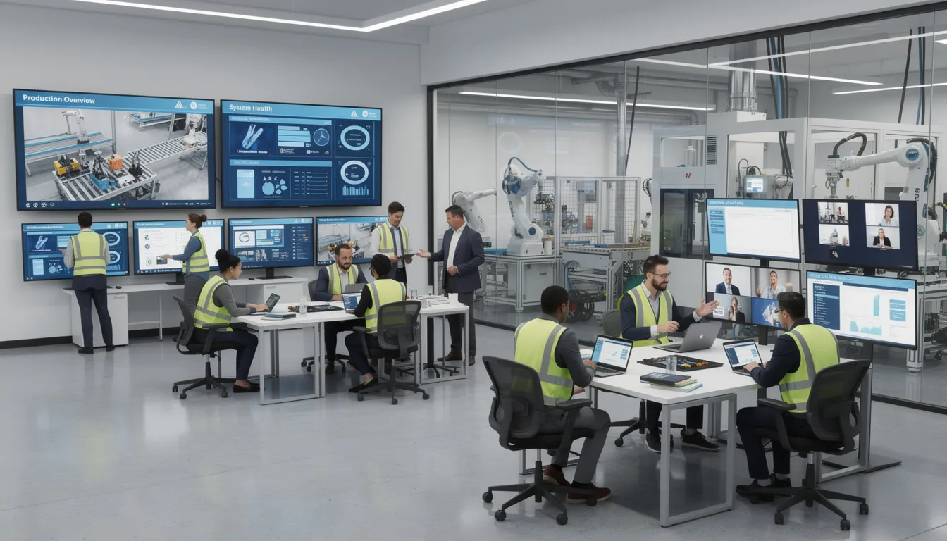 The image depicts a modern training facility featuring multiple screens that showcase integrated manufacturing and learning systems, emphasizing the importance of effective training programs in good manufacturing practice (GMP) environments. This setup supports ongoing training and assessment, allowing participants to engage with training materials and modules that enhance their knowledge retention and compliance with regulatory requirements.