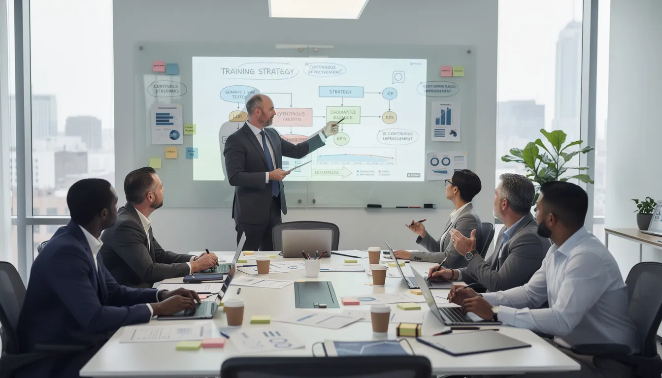 A group of quality managers is engaged in a strategic planning session, discussing improvements to their training programs aimed at enhancing compliance with good manufacturing practices (GMP). They are reviewing training materials and identifying training gaps to ensure ongoing compliance and effective training effectiveness within the pharmaceutical industry.