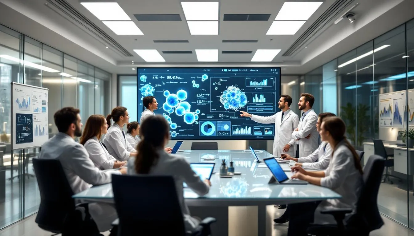 A cross-functional pharmaceutical team is gathered in a modern workspace, utilizing digital project management tools and scientific data displays to enhance collaboration. This agile meeting environment fosters innovative discussions aimed at implementing agile methodologies and improving customer collaboration initiatives within the pharmaceutical industry.