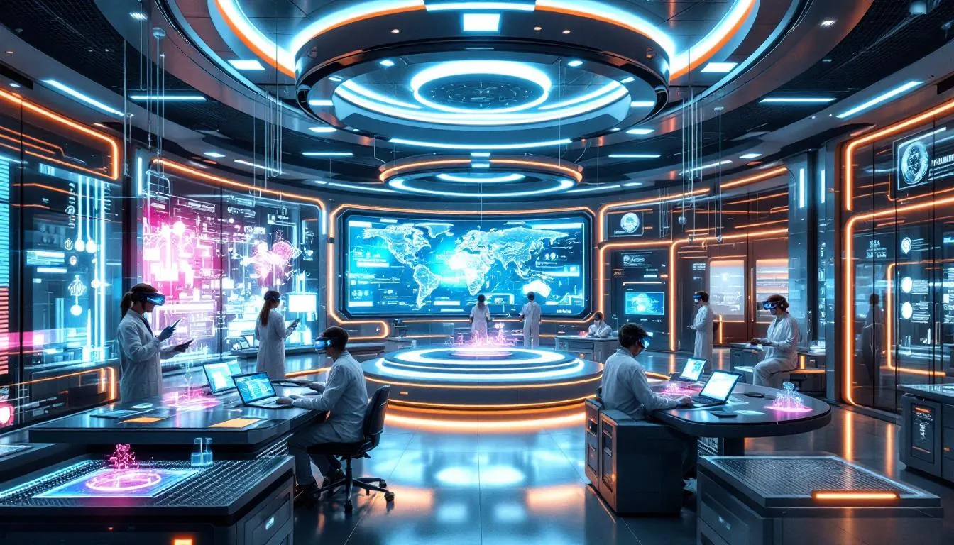 The image depicts a futuristic pharmaceutical research facility featuring AI-powered drug discovery systems, virtual reality visualization tools, and interconnected global research networks. This innovative environment embodies agile methodologies and practices, emphasizing cross-functional collaboration among teams to drive innovation in the pharmaceutical industry.