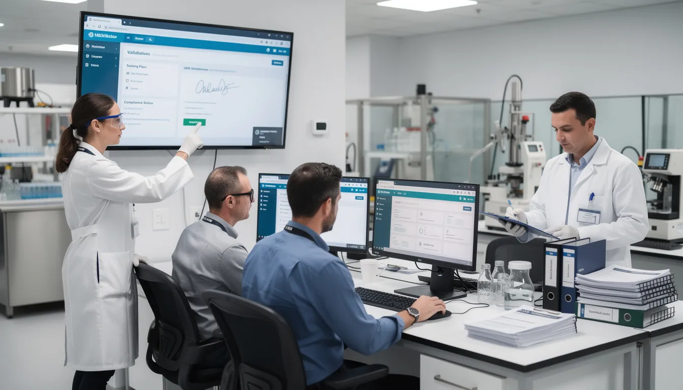 The image depicts IT professionals working collaboratively in a pharmaceutical quality lab, configuring and validating a learning management system to ensure compliance with GMP regulations. They are focused on enhancing training programs and maintaining proper documentation to support ongoing compliance and effective training effectiveness in the regulated environment.