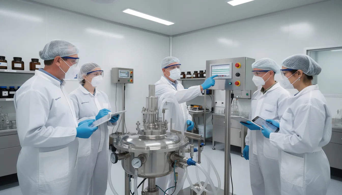 In a clean room environment, pharmaceutical technicians engage in hands-on equipment training, utilizing training materials to enhance their practical skills in compliance with GMP guidelines. This training session aims to ensure compliance with regulatory requirements and promote continuous improvement in quality management systems.