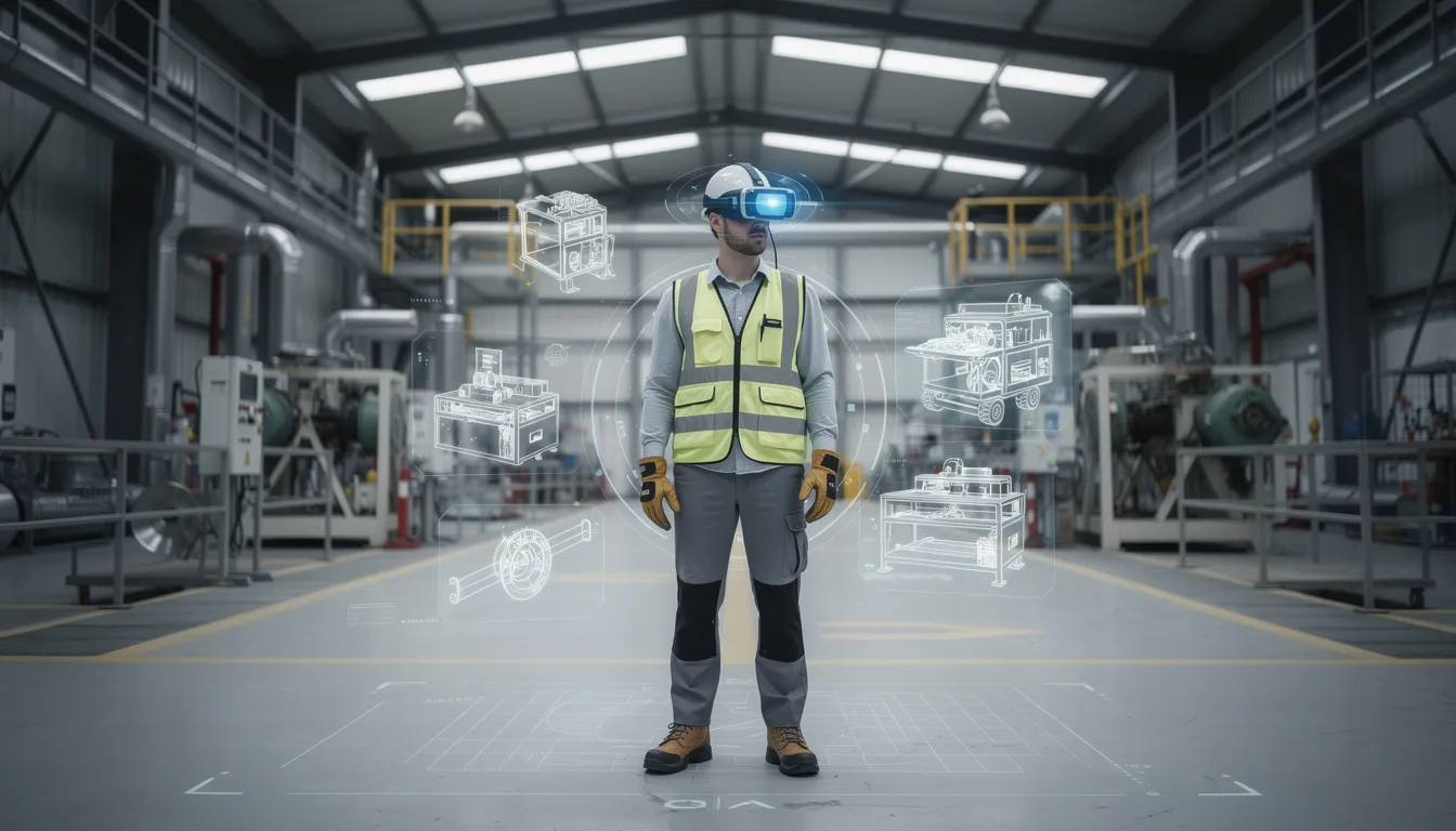The image depicts a person wearing a VR headset in an industrial training environment, engaged in a training program designed for healthcare professionals in the pharmaceutical industry. This immersive training initiative aims to enhance employee development and compliance training, ultimately improving patient safety and productivity while reducing training costs.