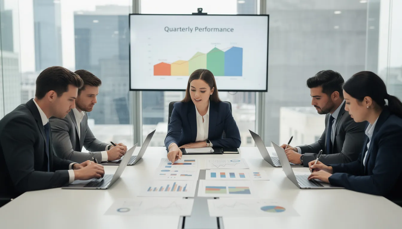 The image depicts a group of business professionals, including healthcare professionals, gathered around a table in a meeting room, actively reviewing documents and charts related to training programs and compliance training in the pharmaceutical industry. They appear engaged in discussion, highlighting the importance of employee development and training benefits for improving productivity and patient outcomes.