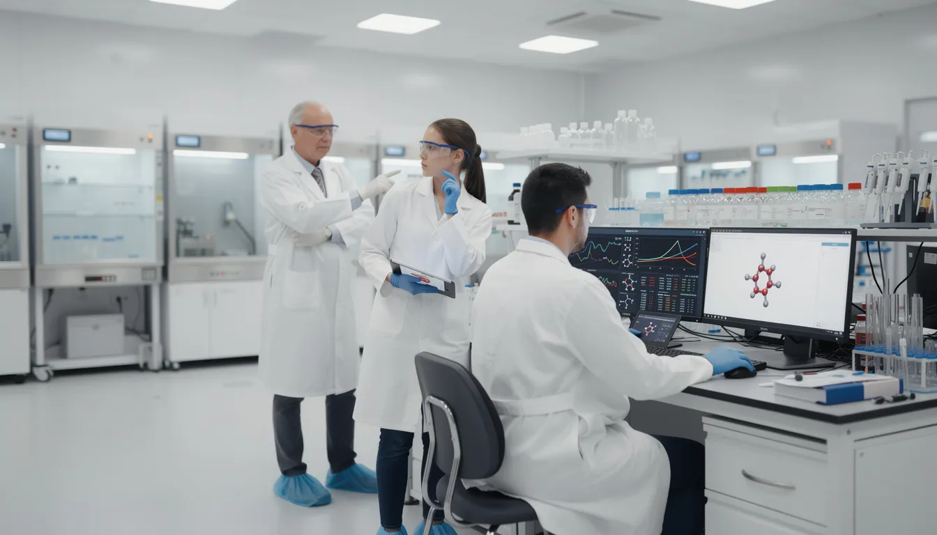 The image depicts healthcare professionals, specifically scientists, intently reviewing data displayed on computer screens in a pharmaceutical laboratory, highlighting the importance of training programs in the pharmaceutical industry for compliance and employee development. This collaborative environment emphasizes the role of continuous learning and knowledge sharing in enhancing patient safety and achieving quality improvements.
