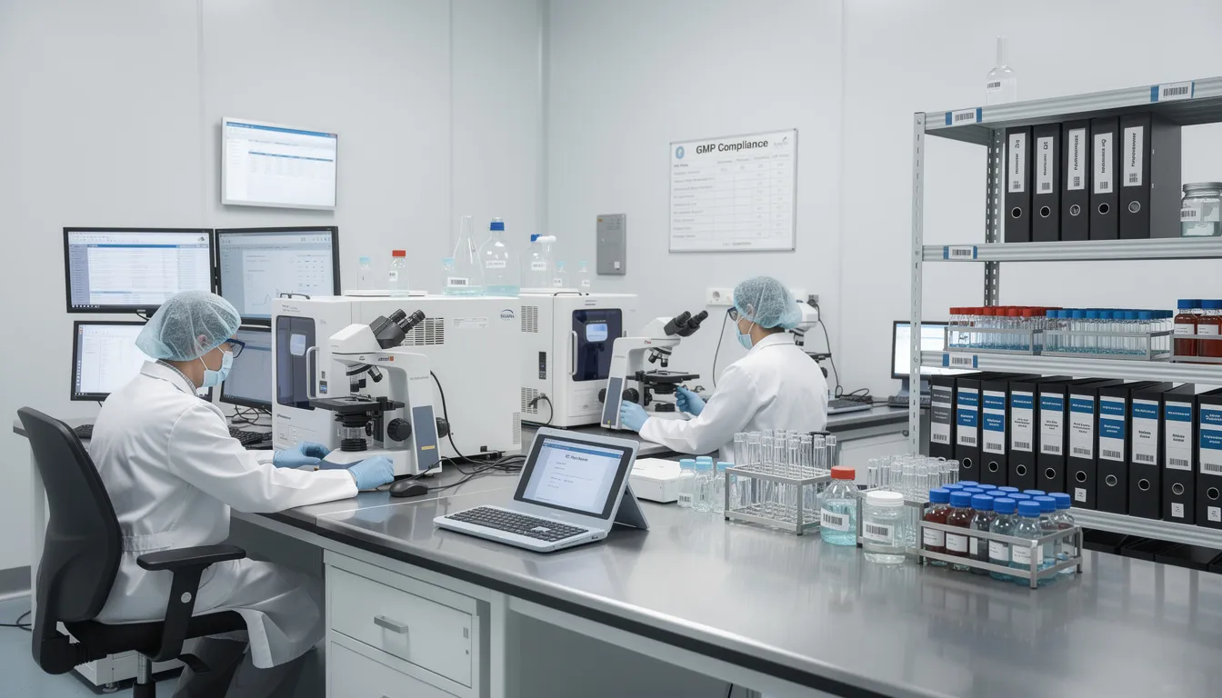 The image depicts a pharmaceutical quality control laboratory, showcasing a variety of electronic systems and paper records organized according to good documentation practices. It illustrates the importance of data integrity and regulatory compliance in managing quality control records and ensuring patient safety during clinical trials.