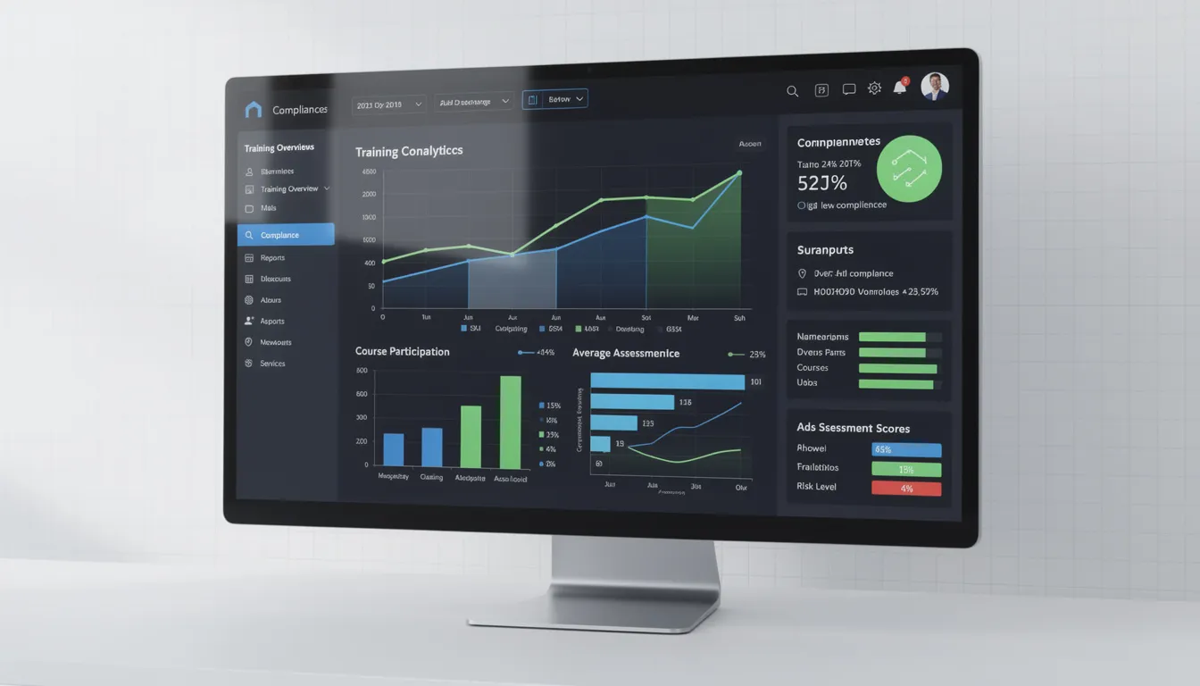 The image depicts a digital dashboard displaying training analytics and compliance metrics, showcasing how AI tools can enhance efficiency in the pharmaceutical industry. It highlights key performance indicators relevant to healthcare professionals and pharmaceutical companies, emphasizing the importance of data governance and improved patient outcomes.